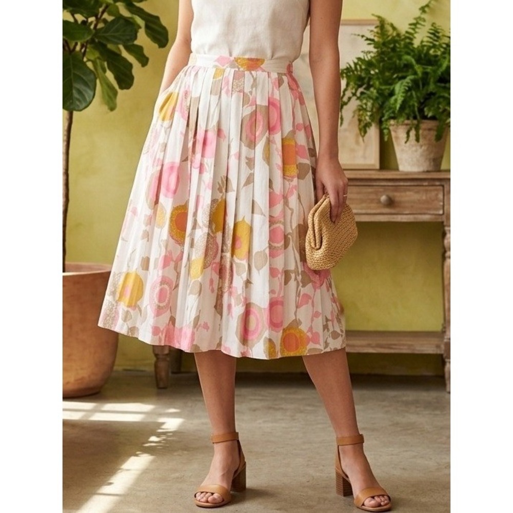 Vtg 70s Macshore Classics Pleated Skirt Women's 13-14 Floral Pink Tan White Boho